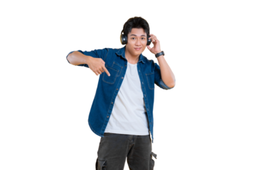A young man enjoying music through headphones, pointing at them, radiating a feeling of calm and satisfaction on png background