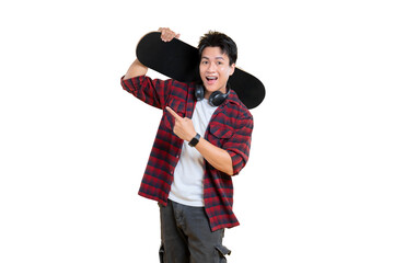 A Young Skateboarder pointing with headphones around the neck on png background