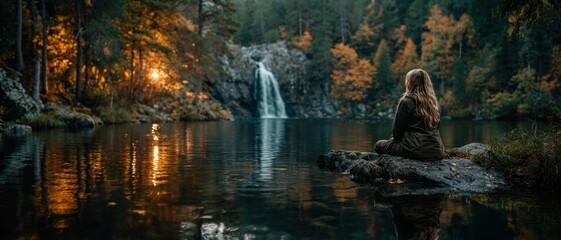 Woman sitting on rocks beside a waterfall in quiet moment