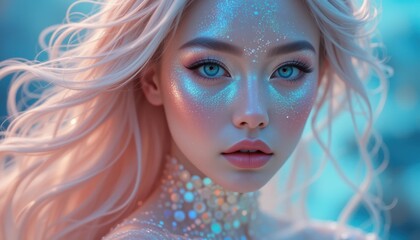 the image showcases a close up of a luminous figure with ethereal features. her long, light colored hair appears to be flowing