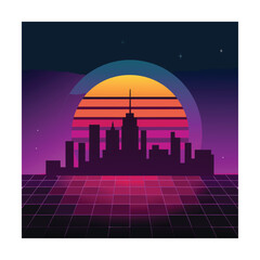 Pixelated Synthwave City Skyline with Sunset Background