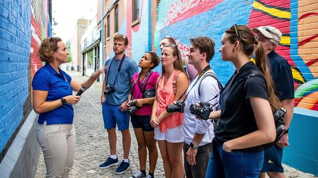 A tour guide leads an attentive group of young photographers on a street art tour in a colorful city alley