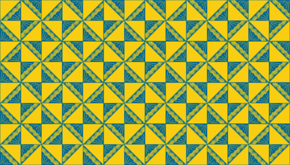 Abstract tile pattern with repeating triangle shapes in yellow and teal, some decorated with striped details. Great for fabric prints and contemporary backgrounds