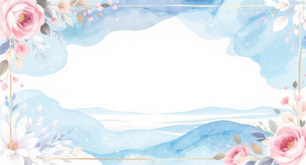 this image showcases a light, airy scene reminiscent of a watercolor painting, framed with a thin golden border