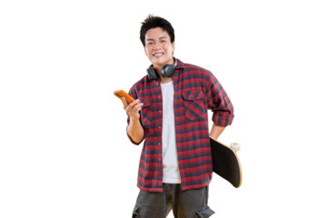A young man holding a smartphone and a skateboard on png background