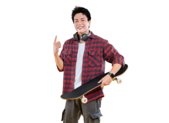 Young man holding skateboard and pointing with one finger, showcasing a relaxed lifestyle. He wears a checkered shirt and headphones, exuding a cool vibe on png background