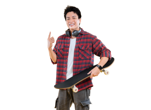 Young man holding skateboard and pointing with one finger, showcasing a relaxed lifestyle. He wears a checkered shirt and headphones, exuding a cool vibe on png background