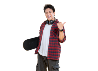 Young man holding a skateboard, smiling and pointing his thumb on png background