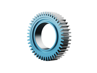 Metallic cogwheel with blue center and silver teeth isolated on a transparent background gear