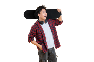 A young man with skateboard is on shoulder and enjoying life on png background