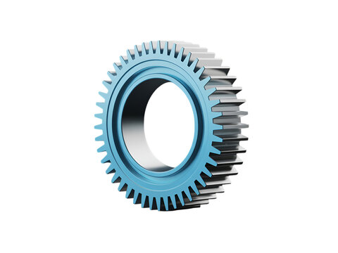 Metallic cogwheel with blue center and silver teeth isolated on a transparent background gear
