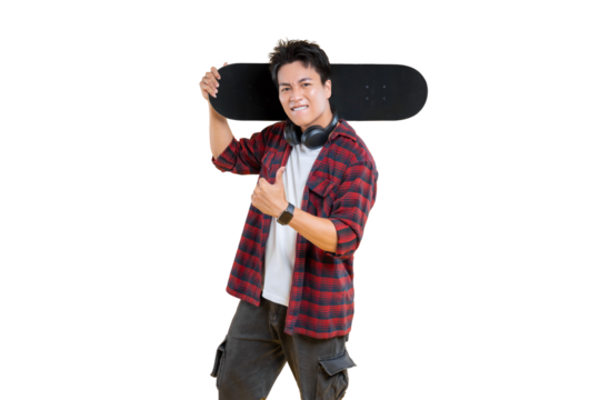 A young man with skateboard looks surprised while smiling, wearing a red checkered shirt and headphones. on png background - Powered by Adobe
