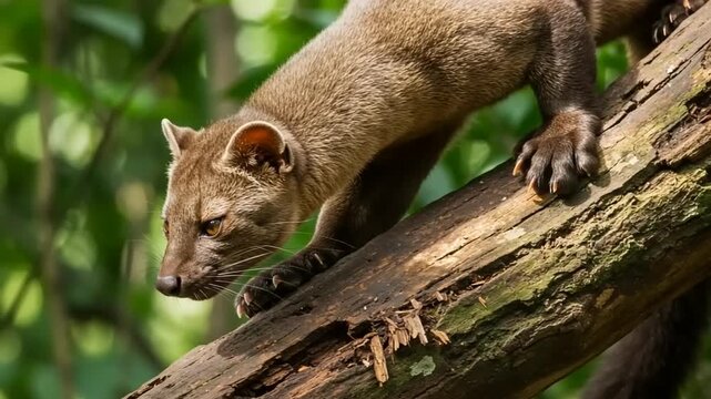 Wild animal climbing a tree in lush green forest