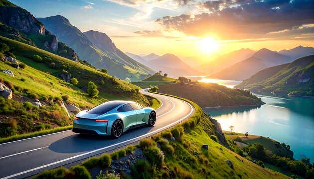 Electric car on scenic mountain road at sunset