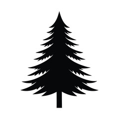 A classic evergreen fir tree depicted as a stark black silhouette isolated on a clean white background for versatile design use isolated on white background