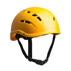 Yellow climbing helmet with chin strap isolated on transparent background