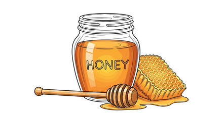 A charming illustration of honey jar honeycomb and dipper representing natural sweetness