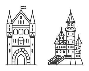 Obraz premium Vector illustration of two whimsical stylized castles with outlined architectural details.