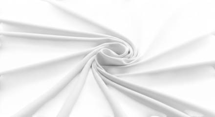 Close up of white fabric texture with soft folds and a central swirl isolated on transparent background
