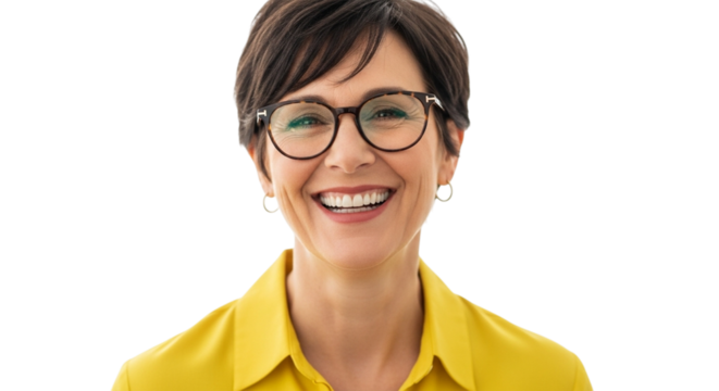 Happy mature woman with short brown hair and glasses smiling broadly isolated on transparent background - Powered by Adobe