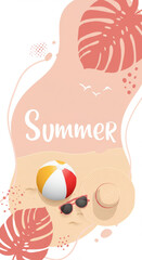 Tropical summer design with beach ball, straw hat, and sunglasses