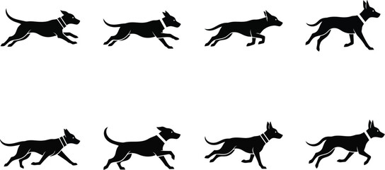 Vector art of a dynamic animation sequence shows a black dog running