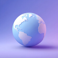 Fototapeta premium simplified 3D globe with soft blue and white tones displays the Americas, Europe, and Africa against a smooth purple gradient, evoking a modern, clean aesthetic