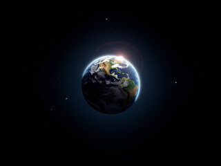 Fototapeta premium Earth viewed from space with stars and dark background in equinox sun path 
