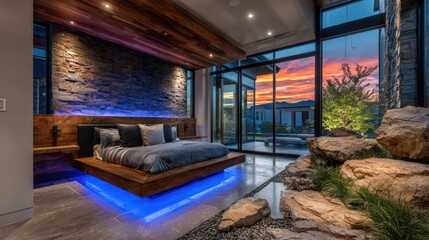 A modern bedroom showcases a floating bed, stonework, and large windows framing sunset