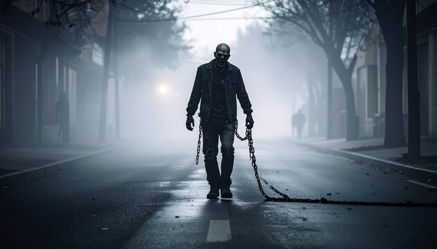 Zombie walks down a foggy street