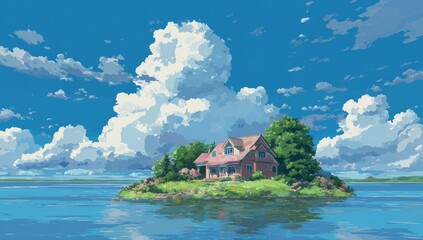 Pastel-toned island home in a tranquil lake, bright sky with fluffy clouds