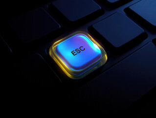 close-up of a glowing ESC key with blue and yellow hues, highlighting a sleek and modern keyboard in a low-light, tech-inspired setting