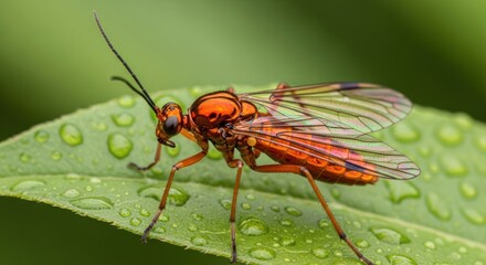 Fototapeta premium Close-up of a vibrant orange insect on a dewy leaf