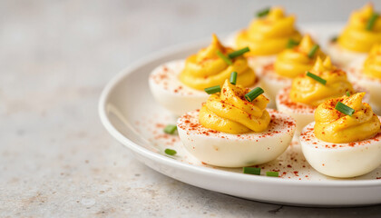 Deviled eggs with yellow filling and chives served on white plate  