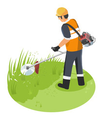 Isometric illustration of a maintenance worker trimming roadside grass with brush cutter cartoon