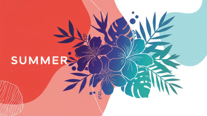 Vibrant summer floral design with hibiscus and tropical leaves for seasonal decoration