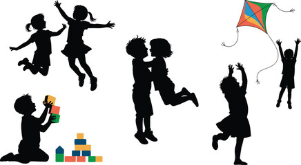 Silhouette of children playing, jumping, hugging, flying kite, building blocks, enjoying outdoor fun, teamwork, childhood joy, happiness, active movement.

 flat vector illustration