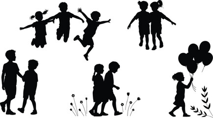 Silhouette of children walking, jumping, holding balloons, exploring nature, playing together, friendship, outdoor activity, childhood innocence, fun, joyful motion.

 flat vector illustration