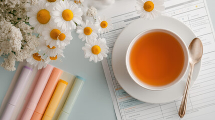 Cozy Wellness Setup with Herbal Tea and Floral Accents for Productivity