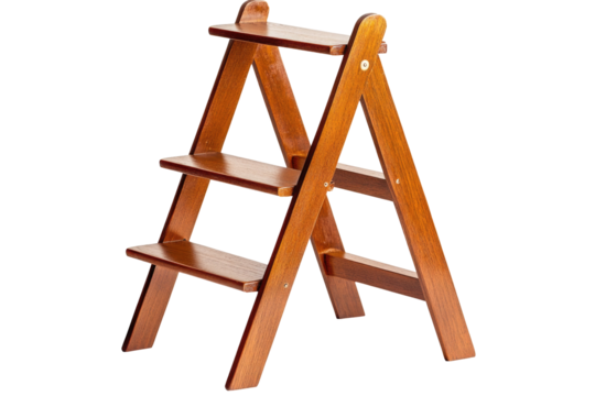 Antique wooden step stool with three steps isolated on transparent background