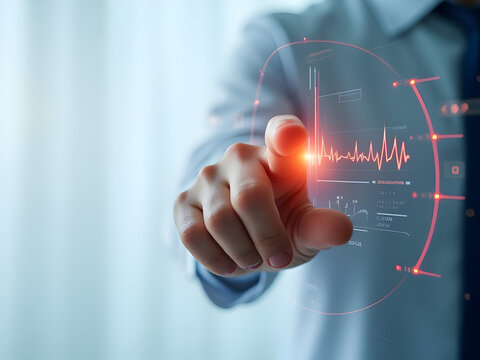 Extreme Closeup of a Hand Interacting with a Red and Gray Holographic Interface Showing a Data Graph and Vital Signs