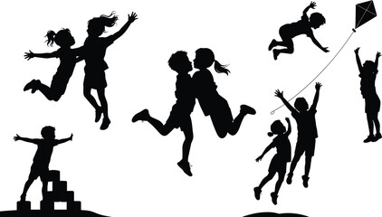 Silhouette of happy children playing, jumping, flying kites, hugging, balancing blocks, enjoying outdoor activities, fun, teamwork, and childhood freedom. flat vector illustration