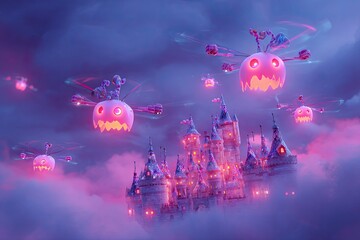 Obraz premium Pastel robot witch kids trick or treating in front of a cute digital haunted house run by friendly.