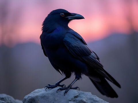 Glossy Black Crow Perched on a Rock at Sunset with a Pink and Purple Sky Background bird feathers - Powered by Adobe