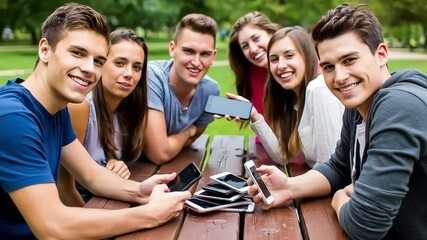 A happy group of young friends at a park table with a pile of smartphones, symbolizing digital connection and social life - Powered by Adobe