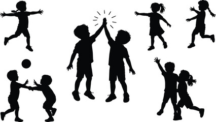 Silhouette of playful children jumping, playing ball, high-fiving, running, dancing, celebrating friendship, teamwork, active movement, outdoor fun, joyful moments.

 flat vector illustration