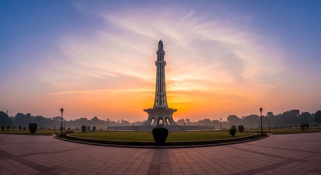 Monument stands tall against a vibrant sunrise sky, surrounded by a park and circular pathways.