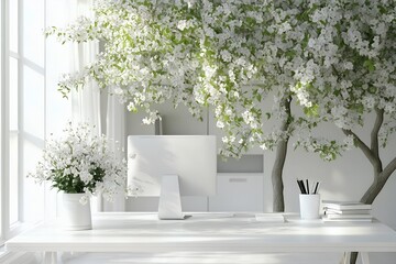 elegant home office with blooming tree and white desk in natural light. 