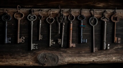 Antique keys hanging on a weathered wooden plank.