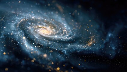 Fototapeta premium Spiral galaxy, swirling nebulae of blue and gold, cosmic dust, glittering stars